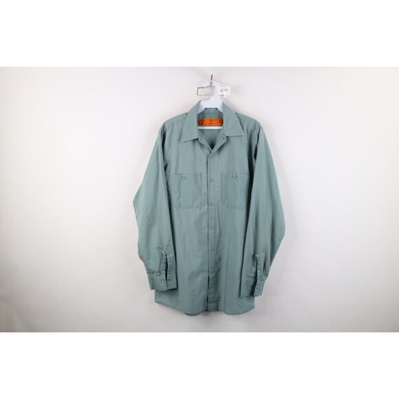 Vintage 70s Streetwear Mens MT Faded Workwear Mechanic Button Shirt Teal USA - Picture 1 of 16